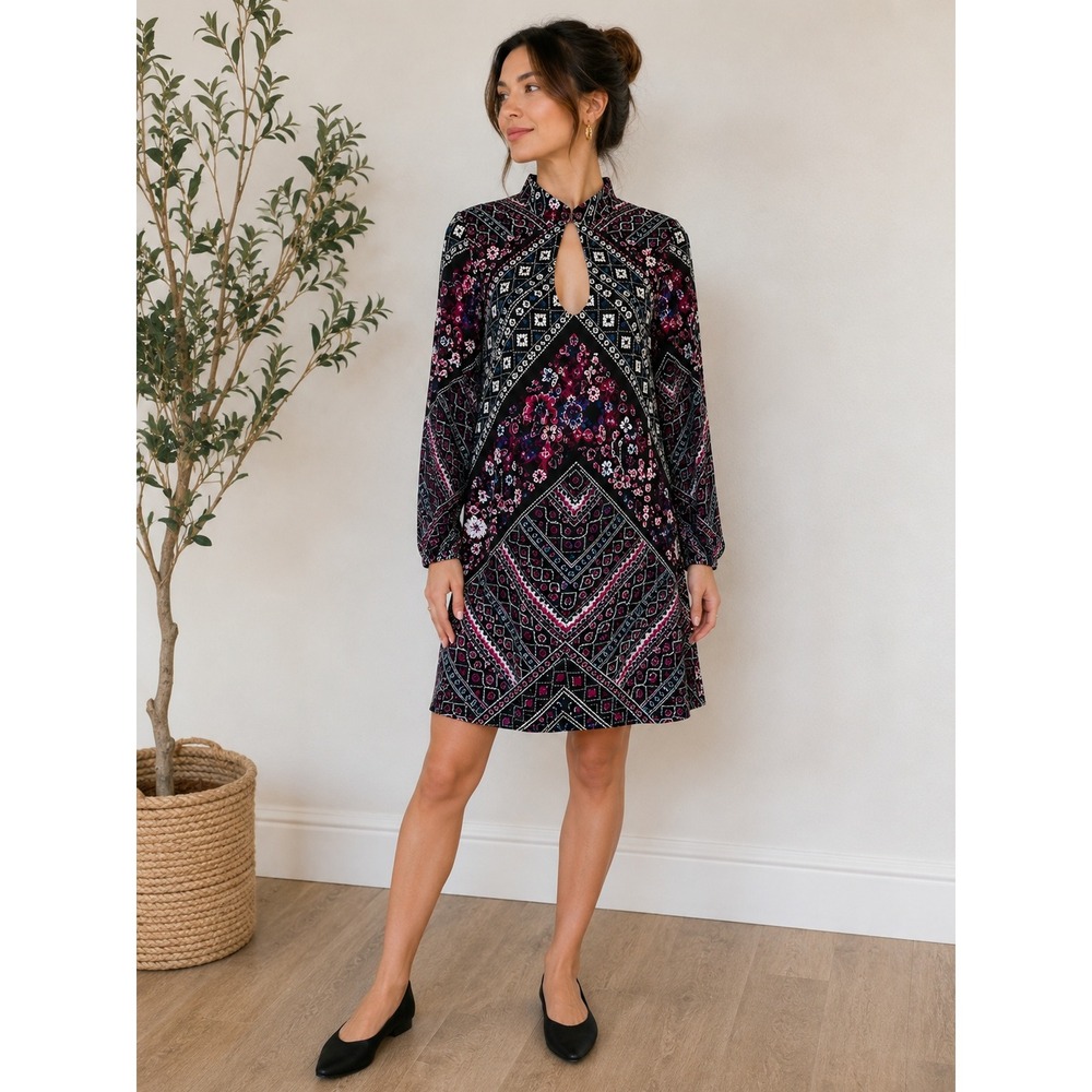 Express Womens Medium Boho Shift Dress Keyhole Neck Floral Geometric Rayon Mini